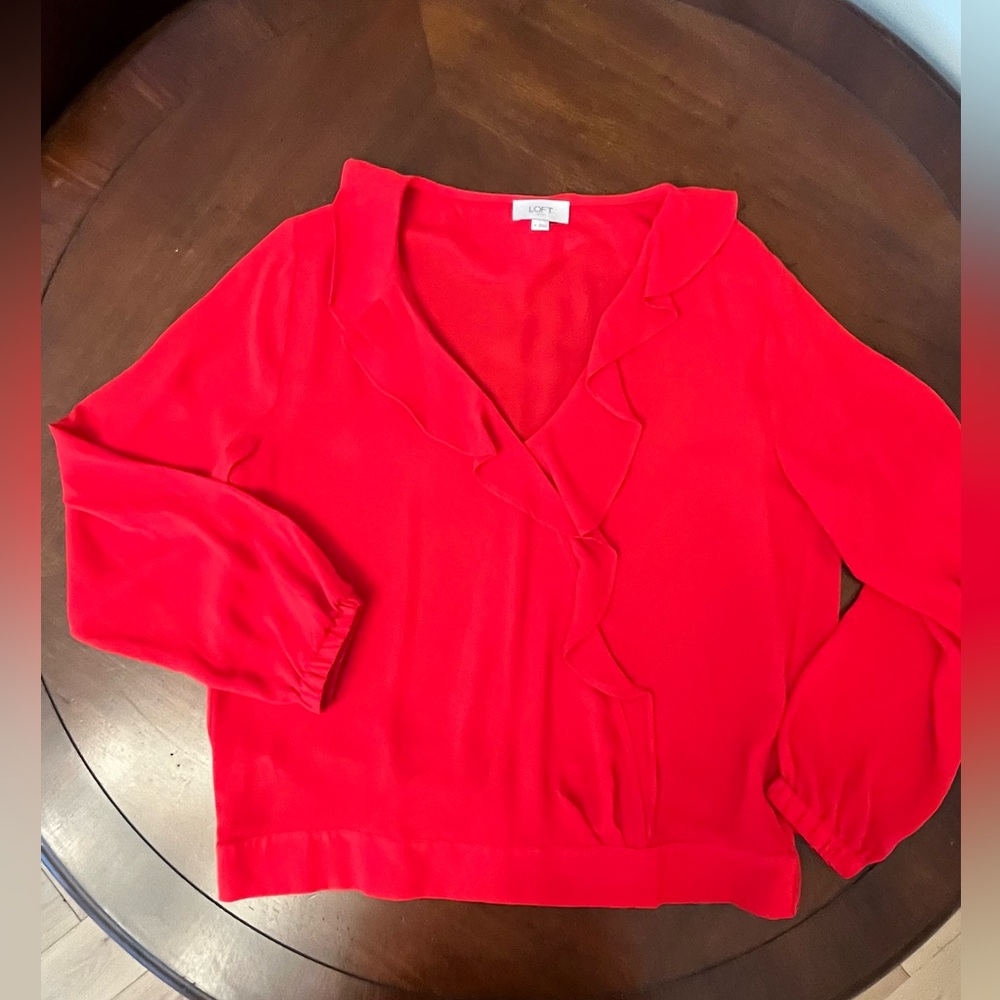 LOFT Vibrant Red Ruffle V-Neck Blouse NWOT